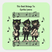 3黒猫ミュージシャンシートミュージックグリーン スクエアシール (正面)