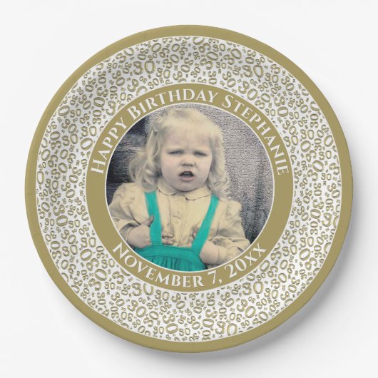 30あなたの写真の乱数パターン金ゴールド/白 ペーパープレート (正面)