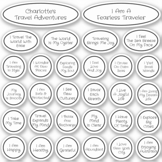 30かわいい黒と白の旅行確認テンプレート シール (正面)