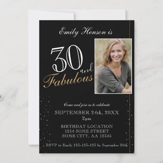 30と素晴らしいエレガントブラックフォト誕生日 招待状 (正面)