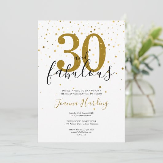 30と素晴らしいエレガント金ゴールドとブラック誕生日 招待状 (スタンド正面)