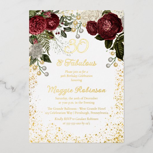 30と素晴らしいグラムバラフローラ誕生日パーティー 箔招待状 (正面)