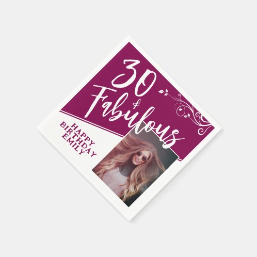 30と素晴らしいスクリプトフォトマゼンタ30歳の誕生日 スタンダードカクテルナプキン (角)