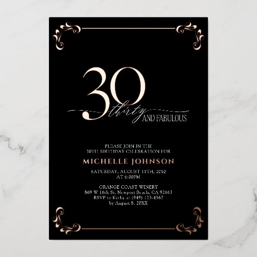 30と素晴らしいブラックバラ金ゴールド書道誕生日 箔招待状 (正面)