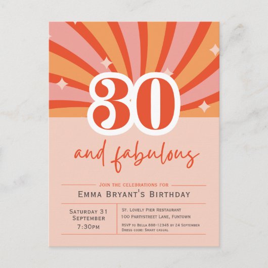 30と素晴らしいレトロ30th誕生日招待状 ポストカード (正面)