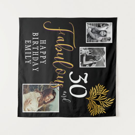 30と素晴らしい金ゴールドの葉3写真誕生日 タペストリー (正面(横))