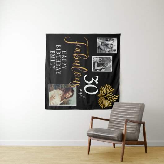 30と素晴らしい金ゴールドの葉3写真誕生日 タペストリー (インサイチュ(横))