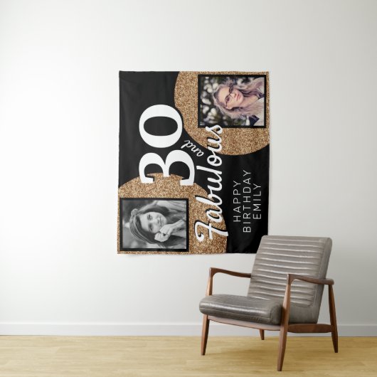 30と素晴らしい金ゴールドグリッター2写真誕生日 タペストリー (インサイチュ)