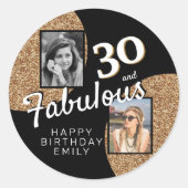 30と素晴らしい金ゴールドグリッター2 Photo 30th Birthday ラウンドシール (正面)