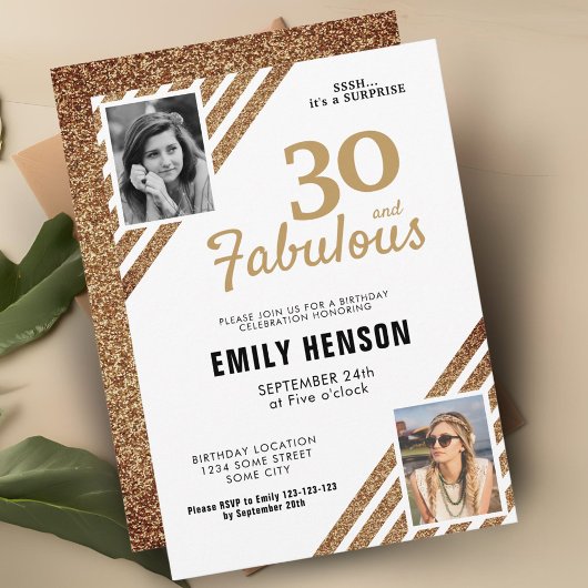 30と素晴らしい金ゴールドグリッター2 Photo 30th Birthday 招待状