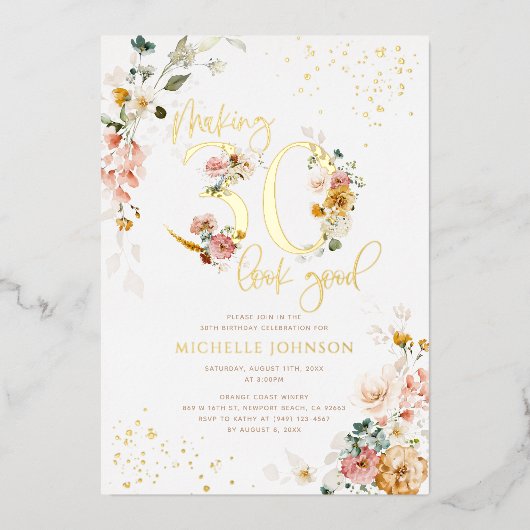 30の見栄えを良くするピンクのフローラ金ゴールド 箔招待状 (正面)