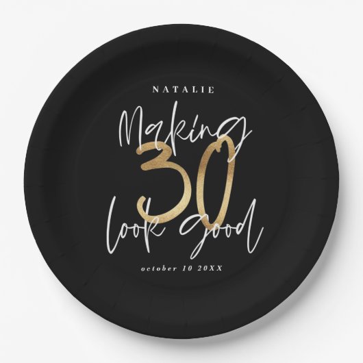 30を良く見せる金ゴールド誕生日パーティー ペーパープレート (正面)