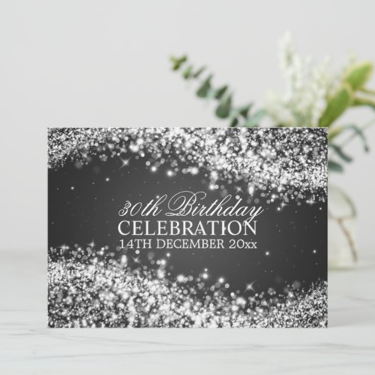 30エレガント歳の誕生日パーティーきらめくウェーブブラック 招待状 (スタンド正面)