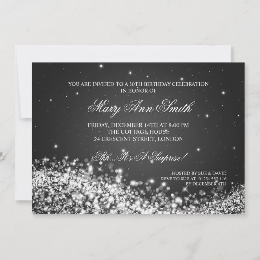 30エレガント歳の誕生日パーティーきらめくウェーブブラック 招待状 (裏面)