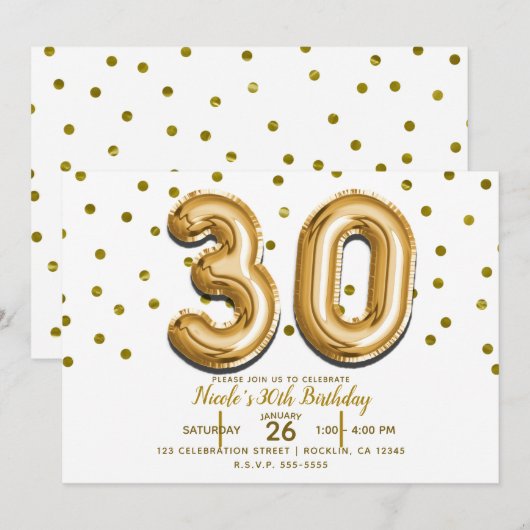30ゴールドバルーンと紙吹雪 30歳の誕生日パーティー 招待状 (正面/裏面)