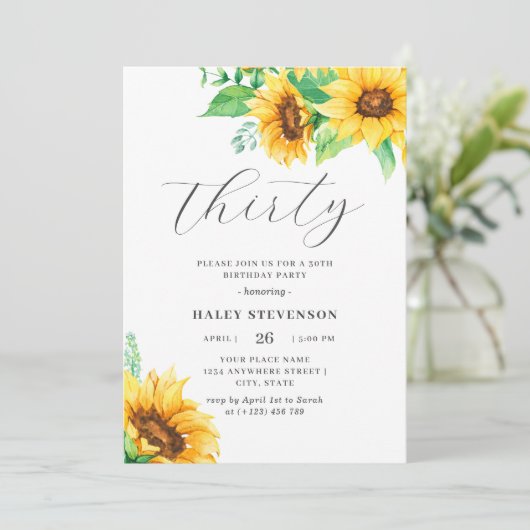 30シックな黄色のひまわりフローラ30th誕生日 招待状 (スタンド正面)