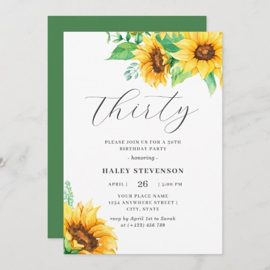 30シックな黄色のひまわりフローラ30th誕生日 招待状 (正面/裏面)