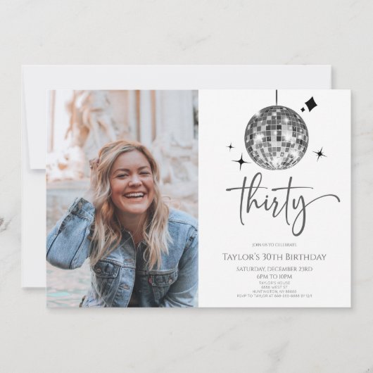 30シルバーディスコボール写真30歳の誕生日パーティー 招待状 (正面)