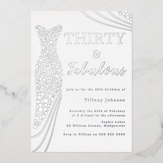30ドルと素晴らしい！シルバードレス30歳の誕生日 箔招待状 (正面)