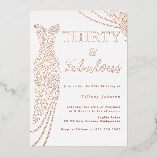 30ドルと素晴らしい！バラ金ゴールドドレス30th誕生日 箔招待状 (正面)