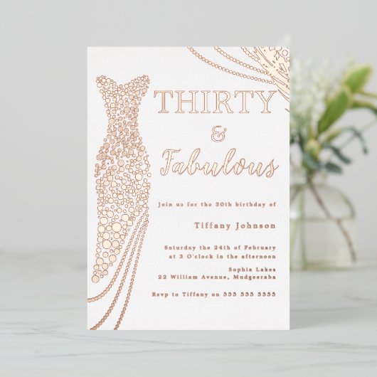 30ドルと素晴らしい！バラ金ゴールドドレス30th誕生日 箔招待状 (立ち正面)
