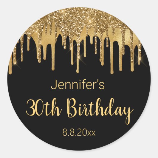 30ハッピーバースデーブラック金ゴールド滴下グリッター ラウンドシール (正面)
