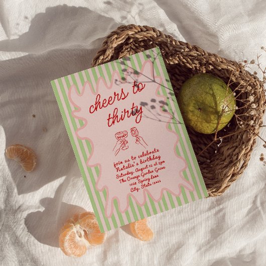 30ハンドドローカラフルドストライプバースデーパーティー 招待状