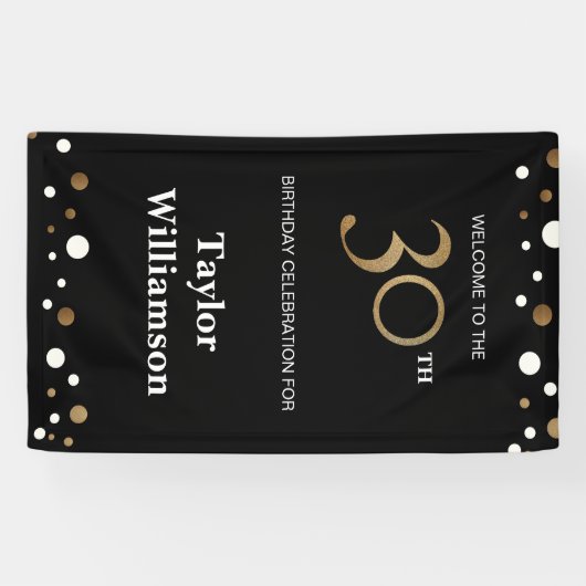 30パーソナライズされた歳の誕生日金ゴールドと黒紙吹雪 横断幕 (横)