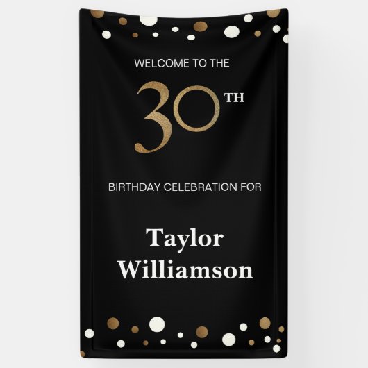 30パーソナライズされた歳の誕生日金ゴールドと黒紙吹雪 横断幕 (縦)