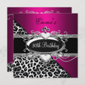 30パーティーシルバーピンク白黒ヒョウ 招待状 (正面/裏面)