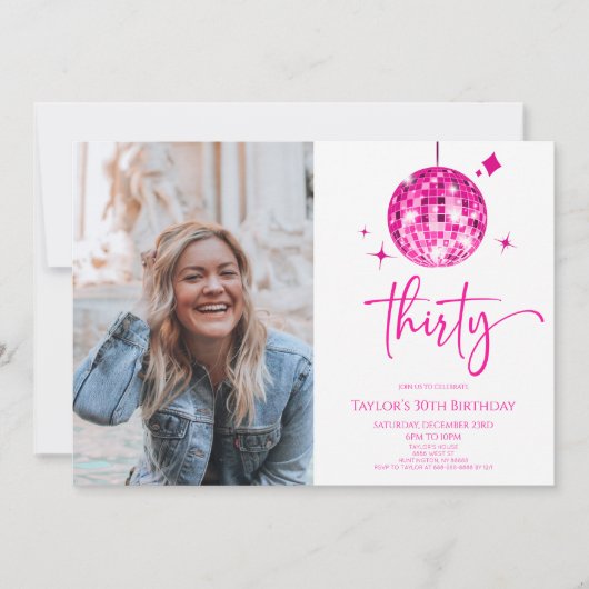 30ピンクディスコボール写真30歳の誕生日パーティー 招待状 (正面)