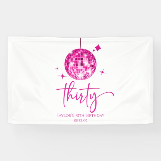 30ピンクディスコボール 30歳誕生日パーティー 横断幕 (横)