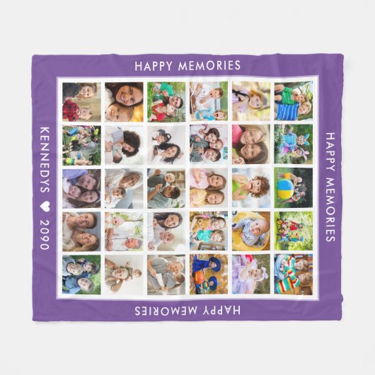 30フォトコラージュ家族の名前の思い出パープル フリースブランケット (正面(横))