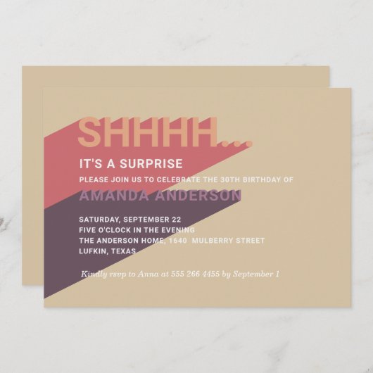 30モダン回目のサプライズパーティー。成人40歳の誕生日 招待状 (正面/裏面)