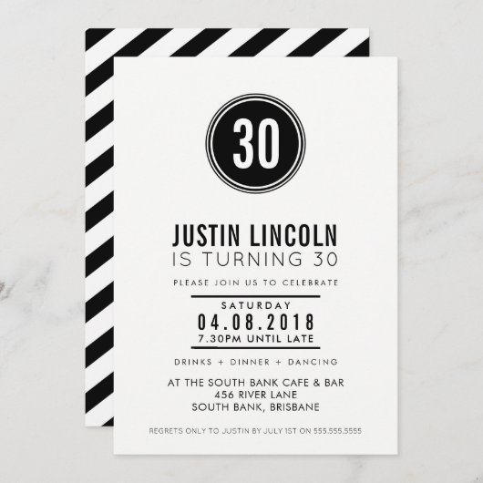 30モダン歳の誕生日パーティー招待状無地ブラック 招待状 (正面/裏面)