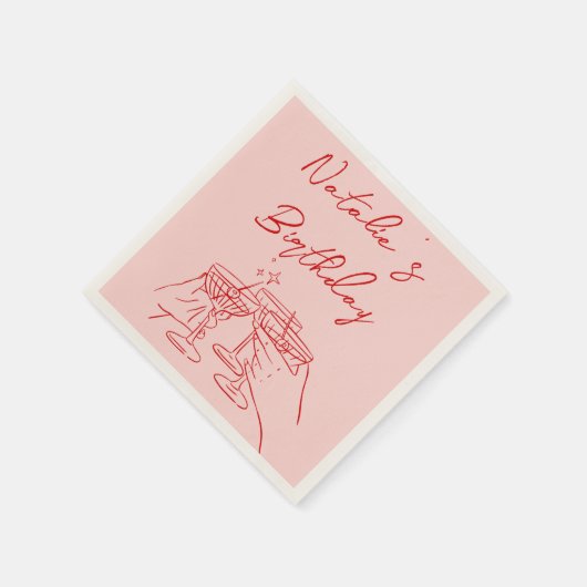 30レトロ手描きピンクレッドマルティーニ誕生日 スタンダードカクテルナプキン (角)