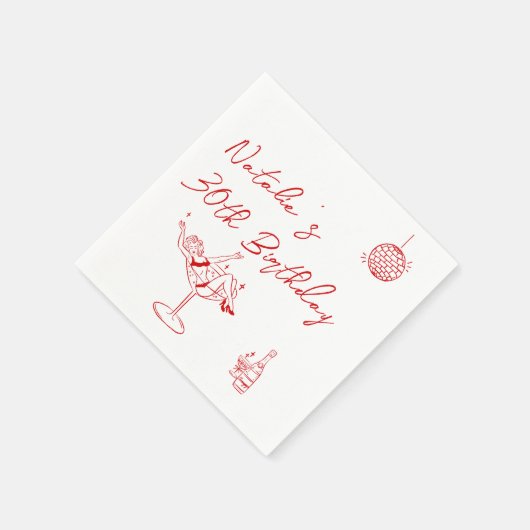 30レトロ手描きホワイトレッド30誕生日 スタンダードカクテルナプキン (角)