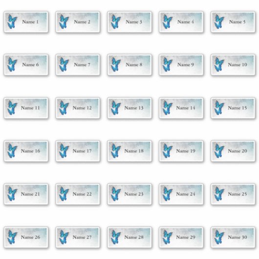 30個のゲスト名ブルーバタフライステッカー シール (正面)
