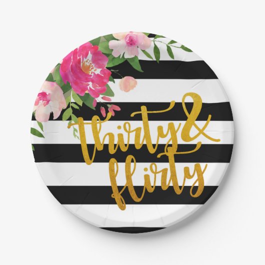 30及び気のあるそぶりをしたなプレート-黒い及び白の花柄 ペーパープレート (正面)