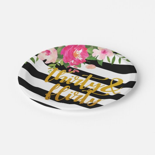 30及び気のあるそぶりをしたなプレート-黒い及び白の花柄 ペーパープレート (アングル)