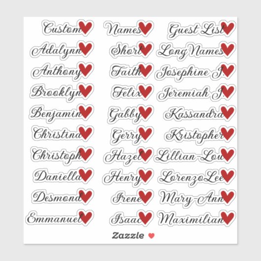 30名のカスタムゲストリスト書道赤いハート シール (シート)