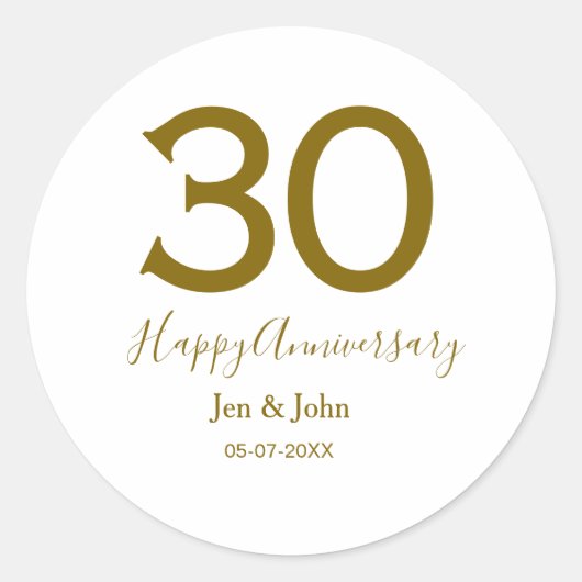 30周年おめでとう名前日付ゴールド太字レター ラウンドシール (正面)