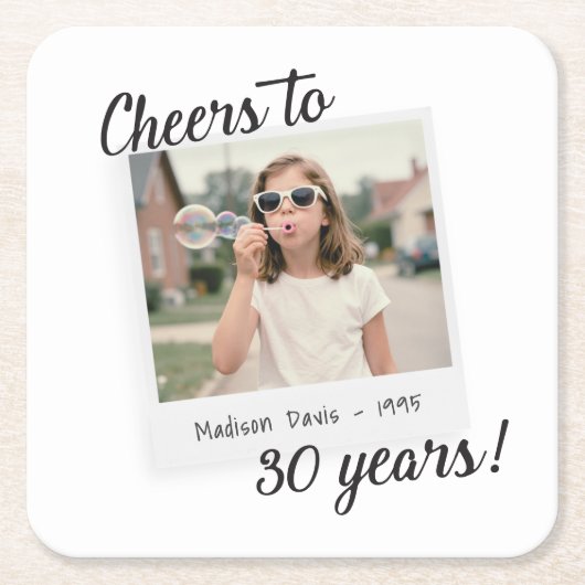 30周年おめでとう!レトロ写真のバースデー スクエアペーパーコースター (正面)