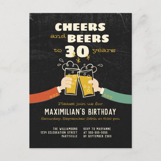 30周年を祝ってビールを レトロな招待状 ポストカード (正面)