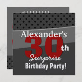 30周年サプライズ誕生日 チャコールとレッドのモダン 招待状 (正面/裏面)