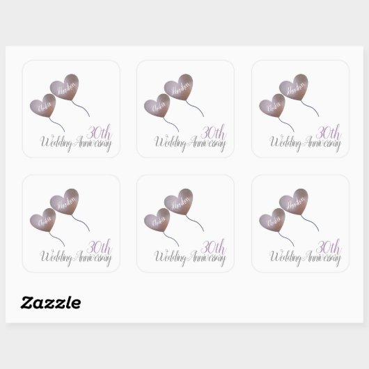 30周年パール結婚記念日のハート風船 スクエアシール (シート)