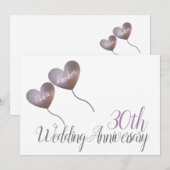 30周年パール結婚記念日のハート風船 招待状 (正面/裏面)