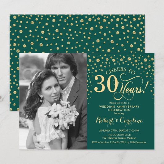 30周年結婚記念日と写真 - 緑の金 招待状 (正面/裏面)