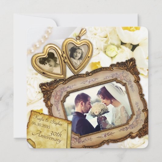 30周年結婚記念日のゴールデンハートのペンダントフレーム 招待状 (正面)