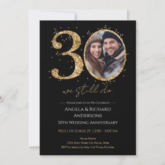 30周年結婚記念日のゴールドグリッター写真 招待状 (正面)